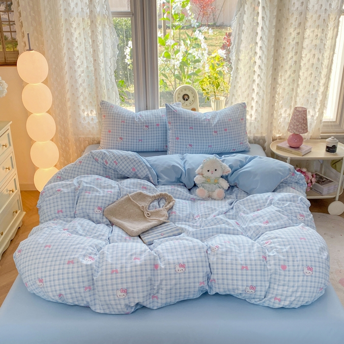 91家纺网 家纺一手货源 找家纺 豫见家纺 2026新款古法水洗仿棉云感纱四件套 乖巧KT-蓝