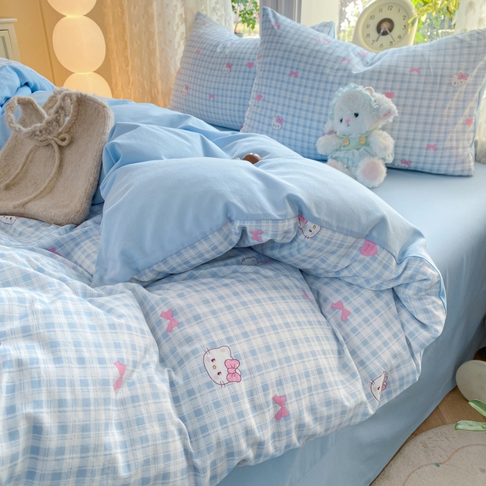 91家纺网 家纺一手货源 找家纺 豫见家纺 2026新款古法水洗仿棉云感纱四件套 乖巧KT-蓝