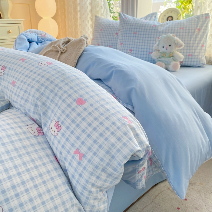 91家纺网 家纺一手货源 找家纺 豫见家纺 2026新款古法水洗仿棉云感纱四件套 乖巧KT-蓝