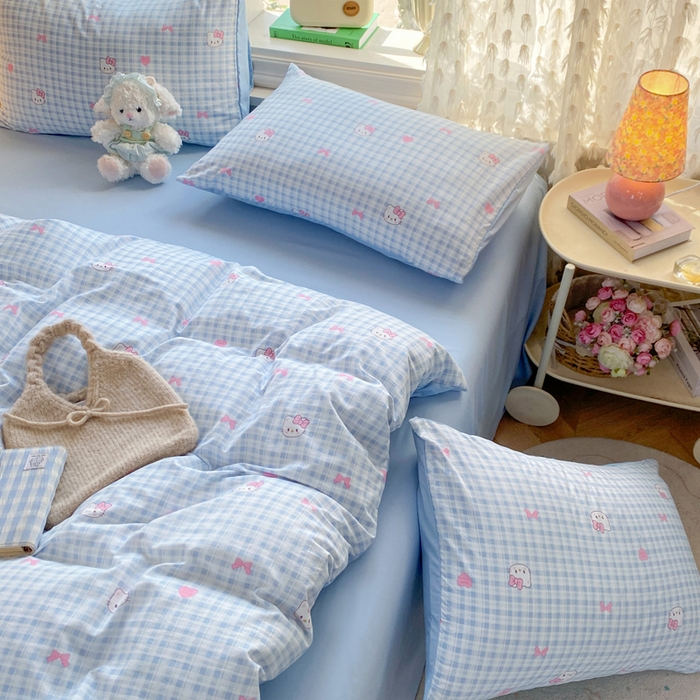 91家纺网 家纺一手货源 找家纺 豫见家纺 2026新款古法水洗仿棉云感纱四件套 乖巧KT-蓝