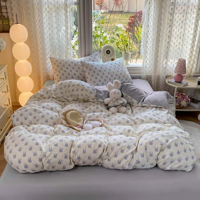 91家纺网 家纺一手货源 找家纺 豫见家纺 2026新款古法水洗仿棉云感纱四件套 吉米兔-灰