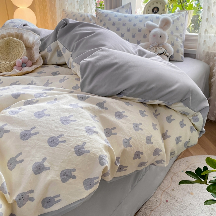 91家纺网 家纺一手货源 找家纺 豫见家纺 2026新款古法水洗仿棉云感纱四件套 吉米兔-灰