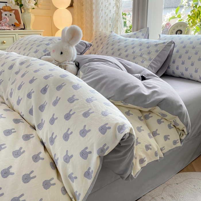 91家纺网 家纺一手货源 找家纺 豫见家纺 2026新款古法水洗仿棉云感纱四件套 吉米兔-灰