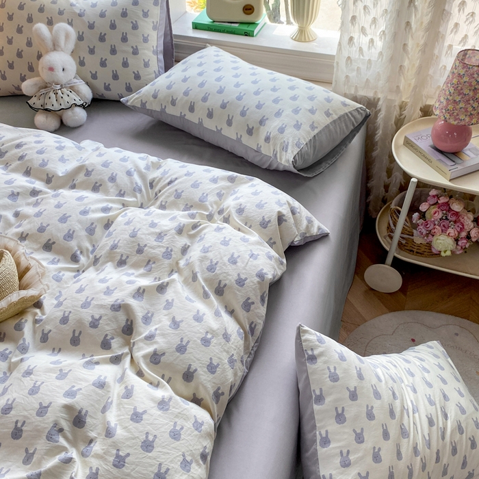 91家纺网 家纺一手货源 找家纺 豫见家纺 2026新款古法水洗仿棉云感纱四件套 吉米兔-灰