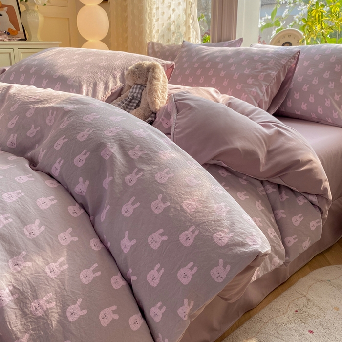 91家纺网 家纺一手货源 找家纺 豫见家纺 2026新款古法水洗仿棉云感纱四件套 吉米兔-紫