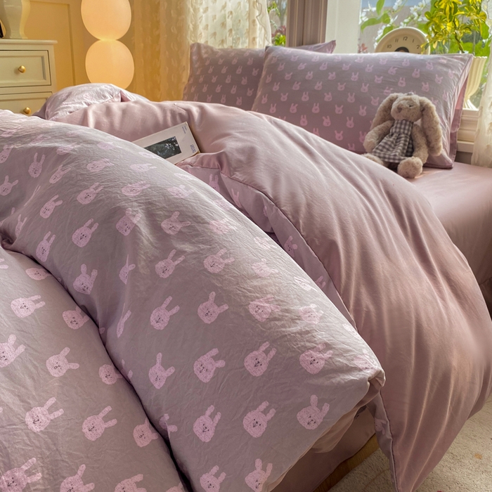 91家纺网 家纺一手货源 找家纺 豫见家纺 2026新款古法水洗仿棉云感纱四件套 吉米兔-紫