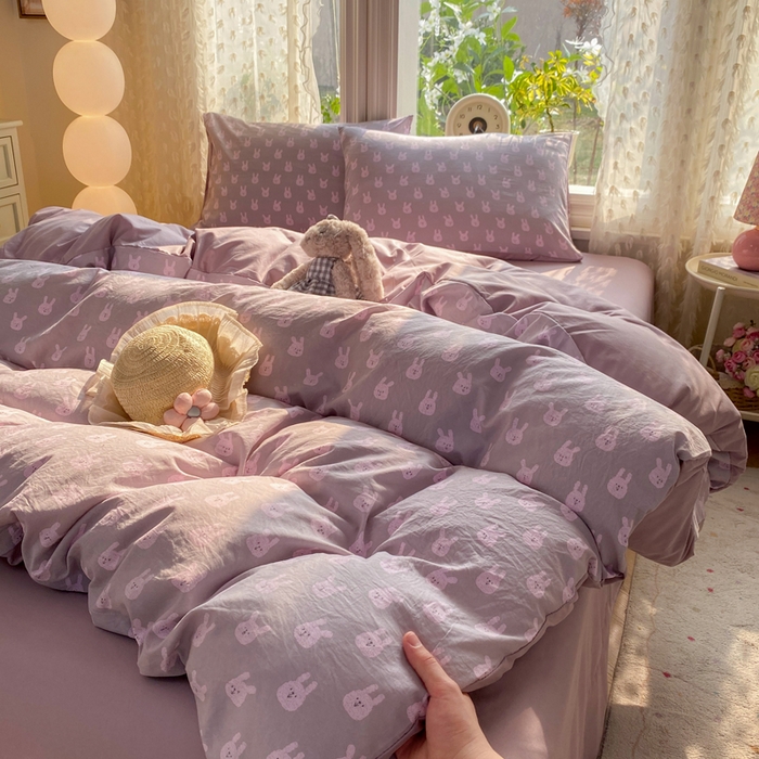 91家纺网 家纺一手货源 找家纺 豫见家纺 2026新款古法水洗仿棉云感纱四件套 吉米兔-紫