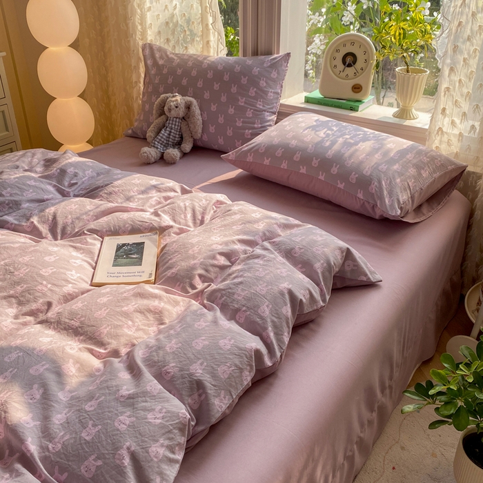 91家纺网 家纺一手货源 找家纺 豫见家纺 2026新款古法水洗仿棉云感纱四件套 吉米兔-紫