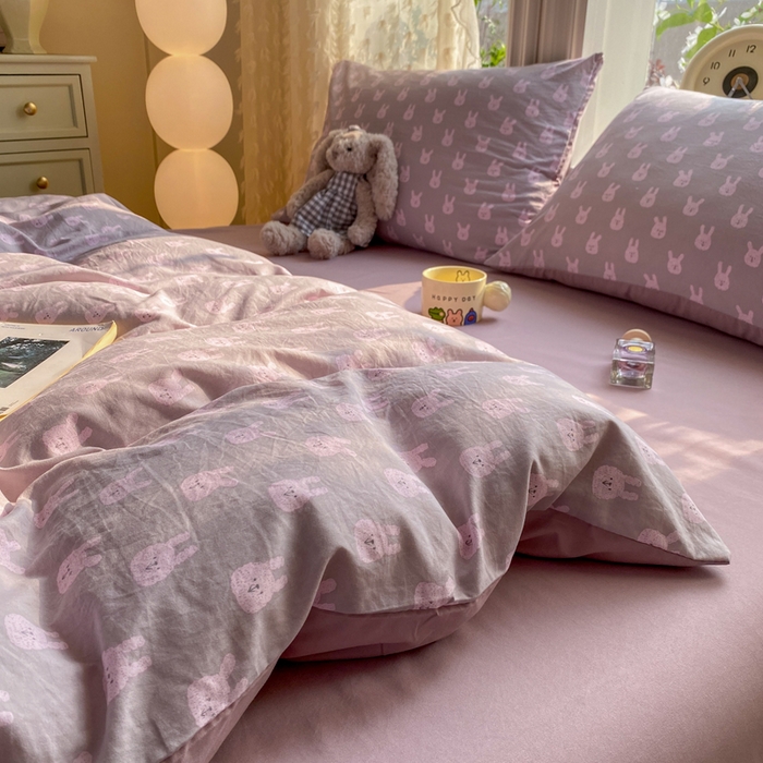 91家纺网 家纺一手货源 找家纺 豫见家纺 2026新款古法水洗仿棉云感纱四件套 吉米兔-紫