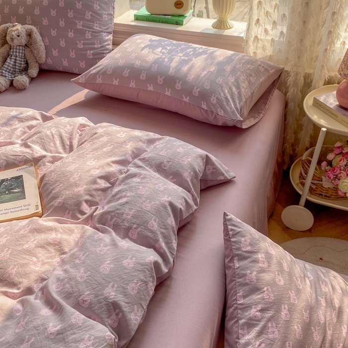 91家纺网 家纺一手货源 找家纺 豫见家纺 2026新款古法水洗仿棉云感纱四件套 吉米兔-紫