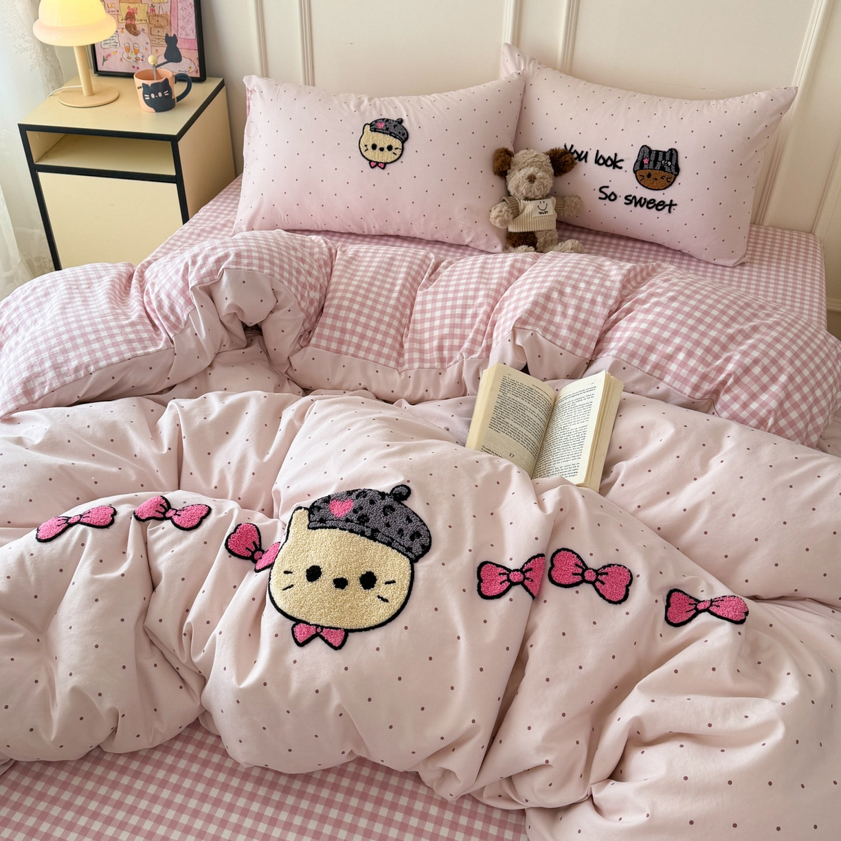 91家纺网 家纺一手货源 找家纺 三朵家纺 2026春夏新款云柔棉水洗棉毛巾绣四件套 蝴蝶结小猫-粉格