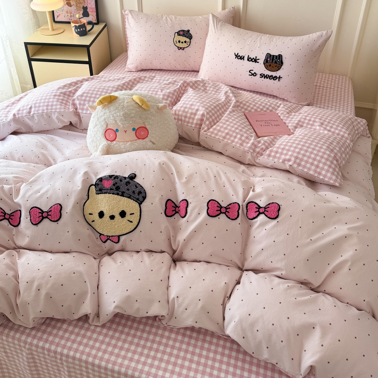 91家纺网 家纺一手货源 找家纺 三朵家纺 2026春夏新款云柔棉水洗棉毛巾绣四件套 蝴蝶结小猫-粉格