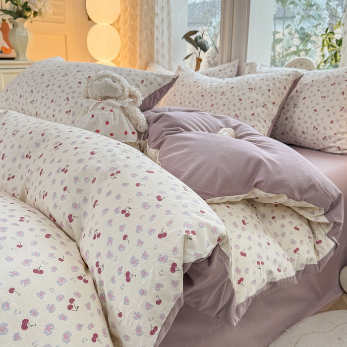 91家纺网 家纺一手货源 找家纺 豫见家纺 2026新款古法水洗仿棉云感纱四件套 蜜恋樱桃