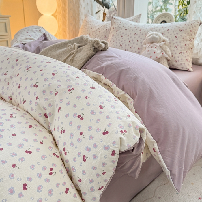 91家纺网 家纺一手货源 找家纺 豫见家纺 2026新款古法水洗仿棉云感纱四件套 蜜恋樱桃