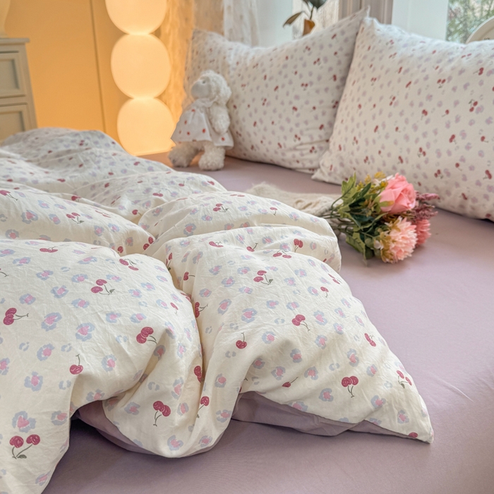 91家纺网 家纺一手货源 找家纺 豫见家纺 2026新款古法水洗仿棉云感纱四件套 蜜恋樱桃