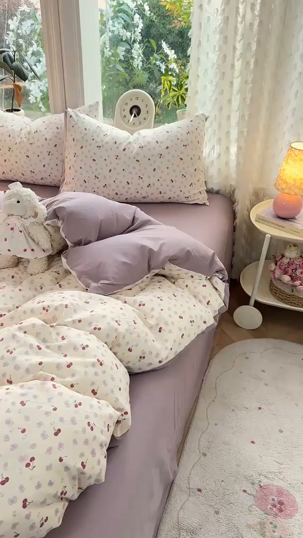 91家纺网 家纺一手货源 找家纺 豫见家纺 2026新款古法水洗仿棉云感纱四件套 蜜恋樱桃