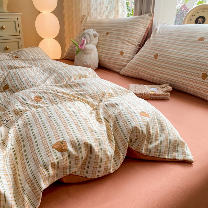 91家纺网 家纺一手货源 找家纺 豫见家纺 2026新款古法水洗仿棉云感纱四件套 南瓜派