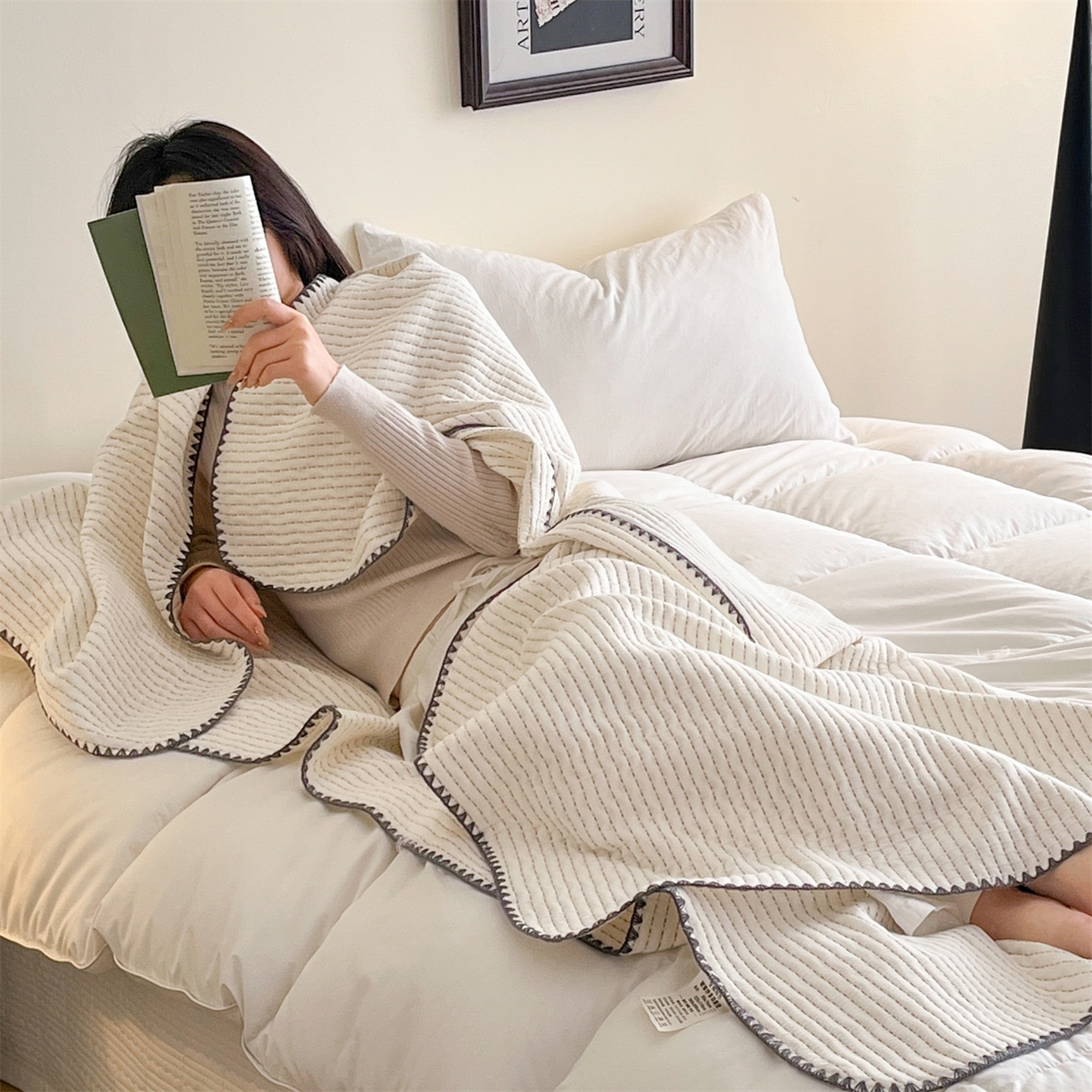 91家纺网 家纺一手货源 找家纺 三朵家纺 2026春夏新款全棉纯棉双层纱夹棉三明治夏被毯子午休毯多功能夏被夏凉被空调被 白月光