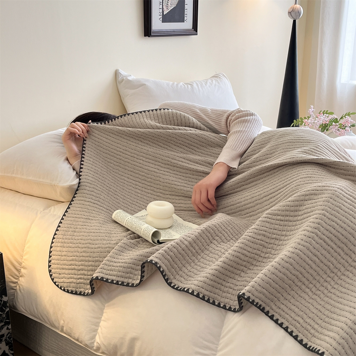 三朵家纺 2026春夏新款全棉纯棉双层纱夹棉三明治夏被毯子午休毯多功能夏被夏凉被空调被 奶茶