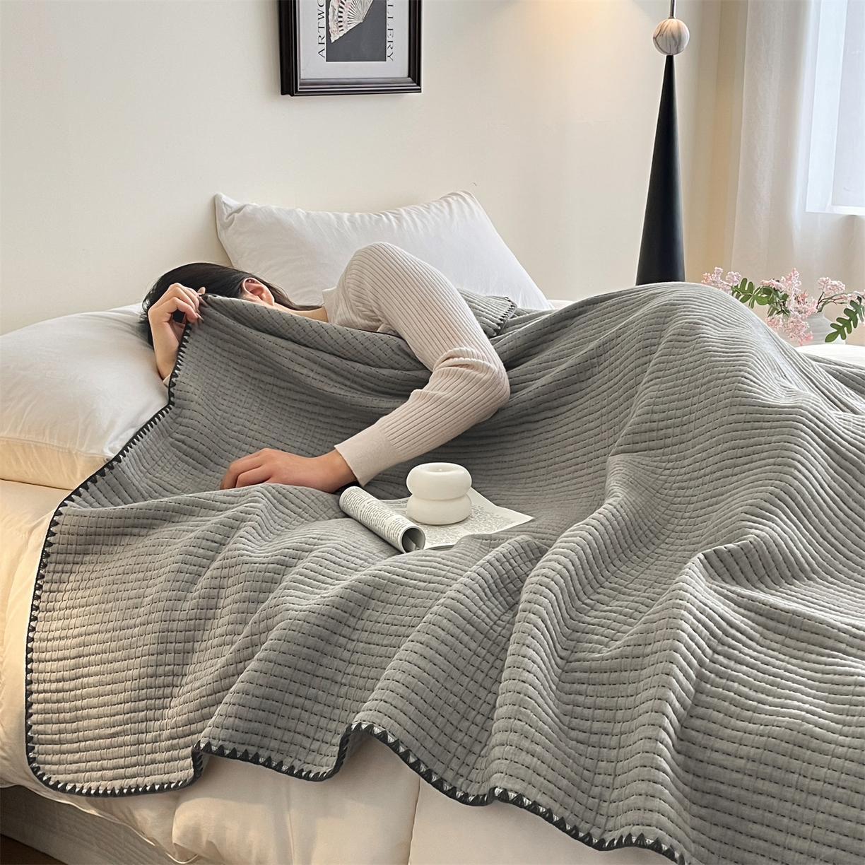 三朵家纺 2026春夏新款全棉纯棉双层纱夹棉三明治夏被毯子午休毯多功能夏被夏凉被空调被 简约灰