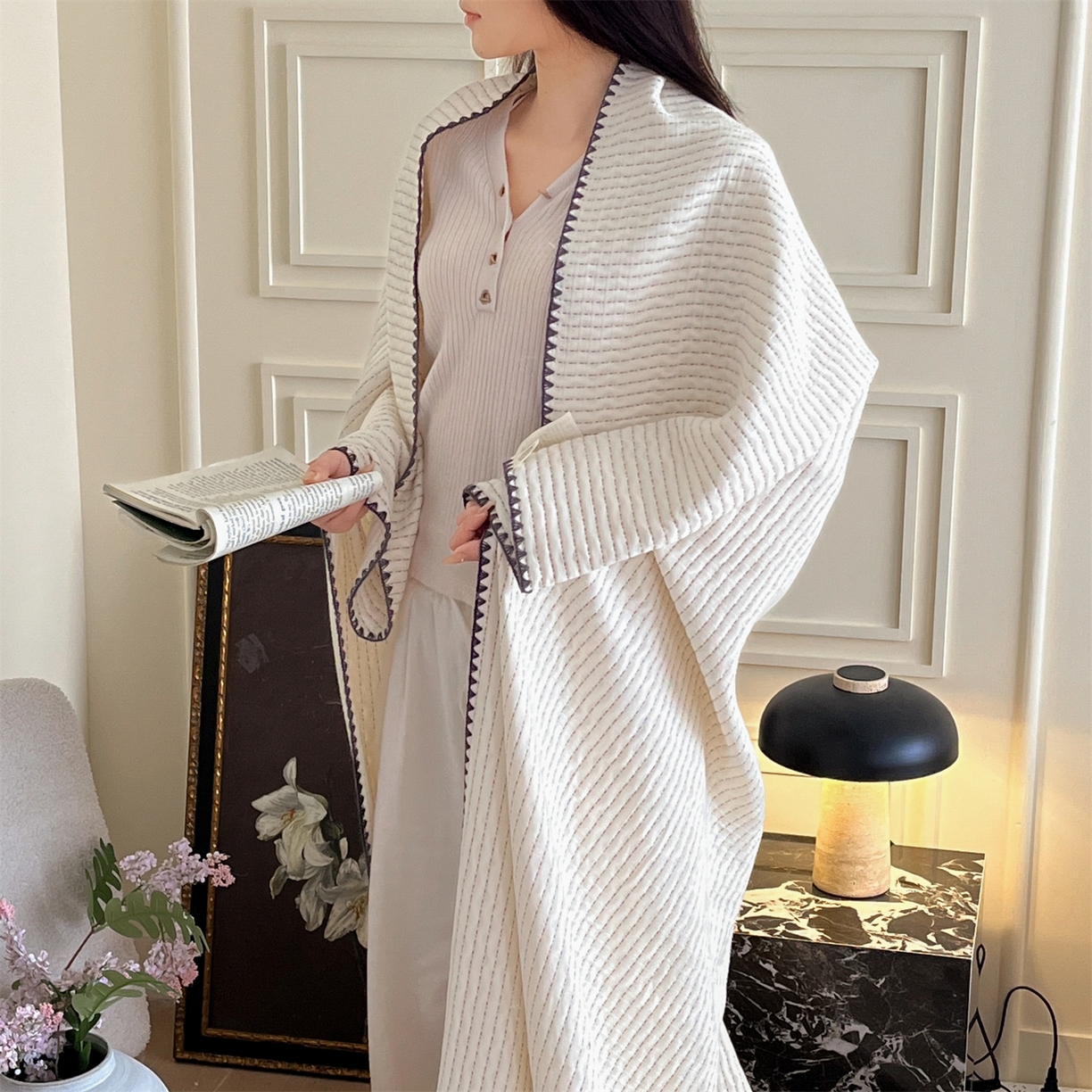 91家纺网 家纺一手货源 找家纺 三朵家纺 2026春夏新款全棉纯棉双层纱夹棉三明治夏被毯子午休毯多功能夏被夏凉被空调被 白月光