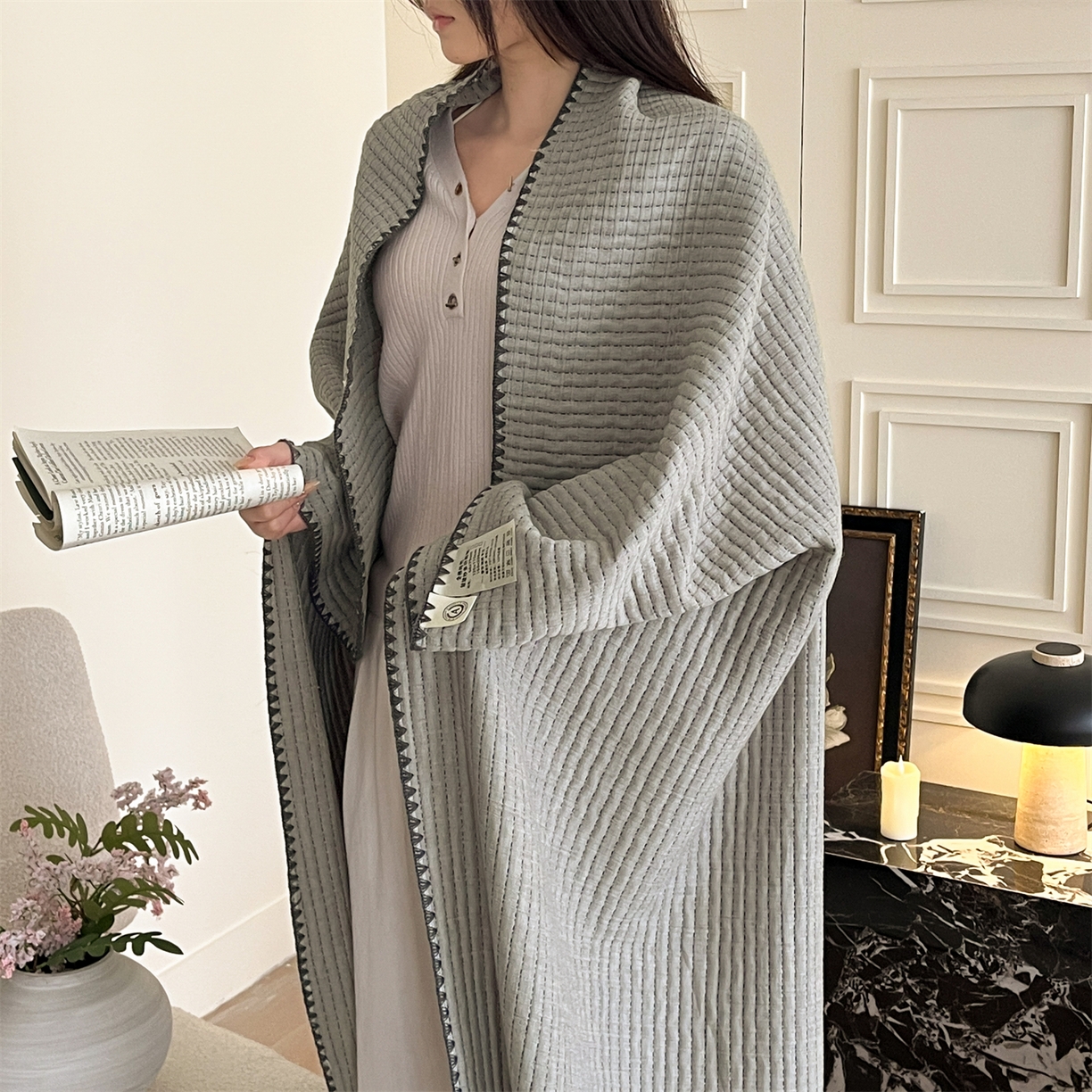 91家纺网 家纺一手货源 找家纺 三朵家纺 2026春夏新款全棉纯棉双层纱夹棉三明治夏被毯子午休毯多功能夏被夏凉被空调被 简约灰