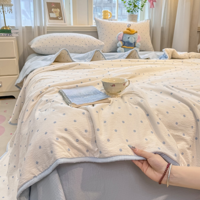 91家纺网 家纺一手货源 找家纺 爱屋及屋 2026新款双层纱小包边棉花夏被【含买家秀】 蓝色波点