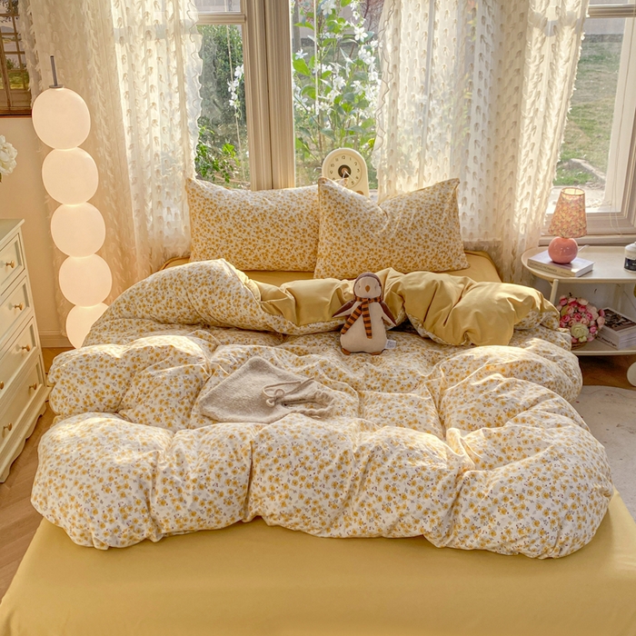 91家纺网 家纺一手货源 找家纺 豫见家纺 2026新款古法水洗仿棉云感纱四件套 小黄花