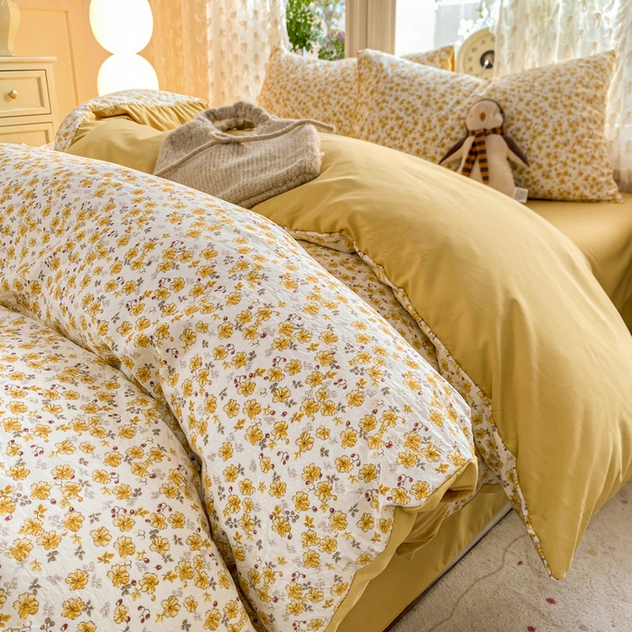 91家纺网 家纺一手货源 找家纺 豫见家纺 2026新款古法水洗仿棉云感纱四件套 小黄花