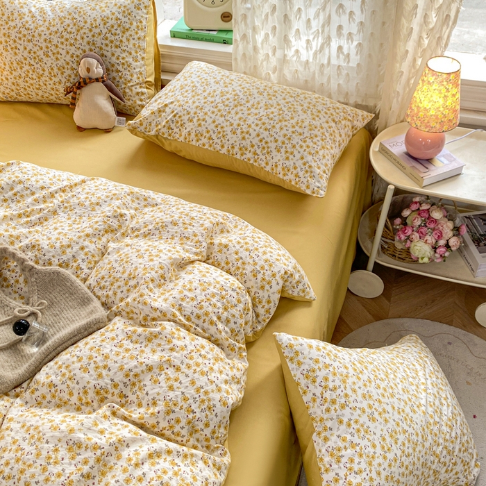 91家纺网 家纺一手货源 找家纺 豫见家纺 2026新款古法水洗仿棉云感纱四件套 小黄花