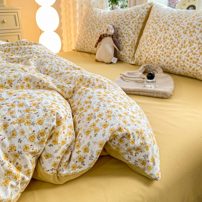 91家纺网 家纺一手货源 找家纺 豫见家纺 2026新款古法水洗仿棉云感纱四件套 小黄花