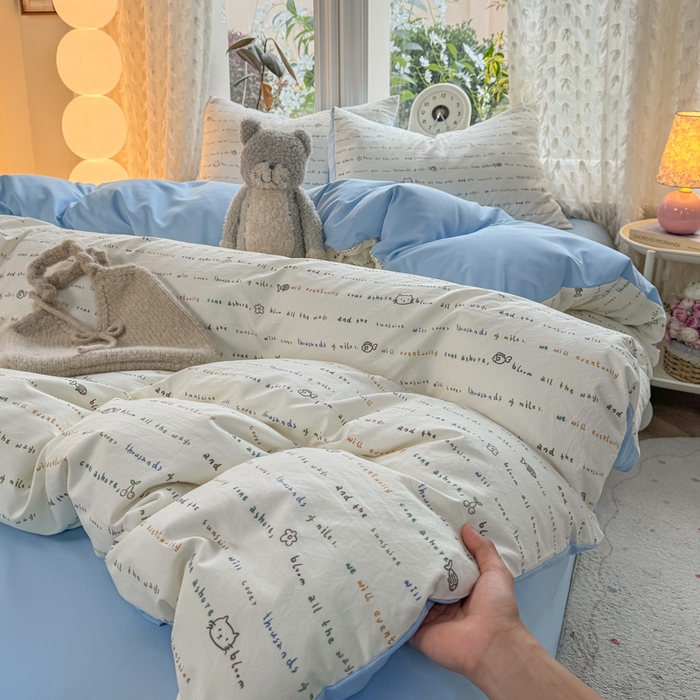 91家纺网 家纺一手货源 找家纺 豫见家纺 2026新款古法水洗仿棉云感纱四件套 小猫钓鱼