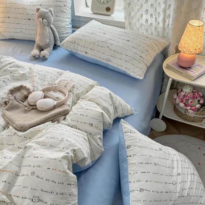 91家纺网 家纺一手货源 找家纺 豫见家纺 2026新款古法水洗仿棉云感纱四件套 小猫钓鱼