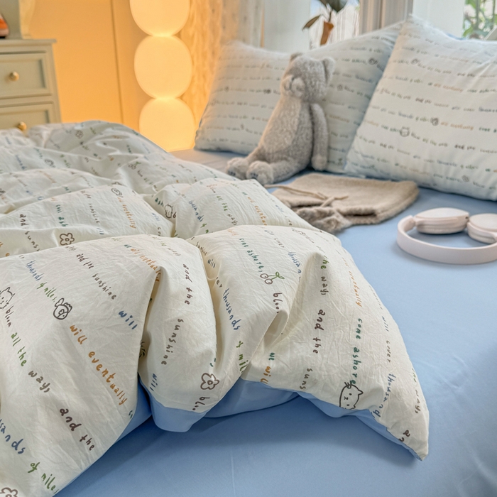 91家纺网 家纺一手货源 找家纺 豫见家纺 2026新款古法水洗仿棉云感纱四件套 小猫钓鱼