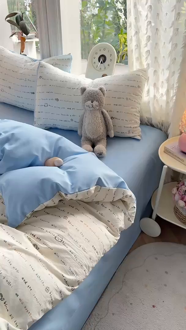 91家纺网 家纺一手货源 找家纺 豫见家纺 2026新款古法水洗仿棉云感纱四件套 小猫钓鱼