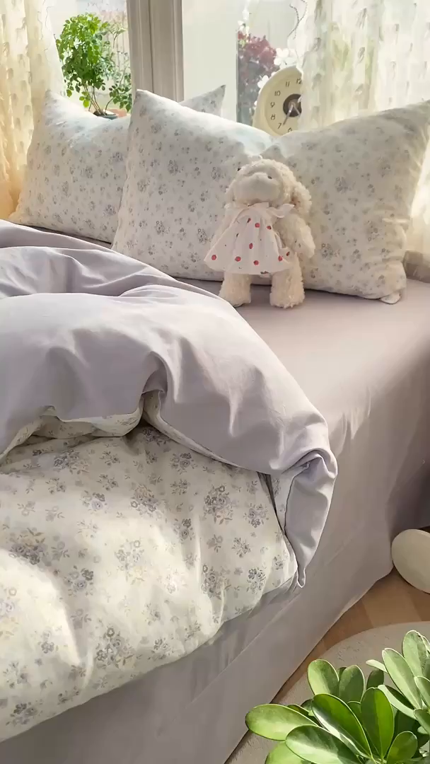 91家纺网 家纺一手货源 找家纺 豫见家纺 2026新款古法水洗仿棉云感纱四件套 小幸福