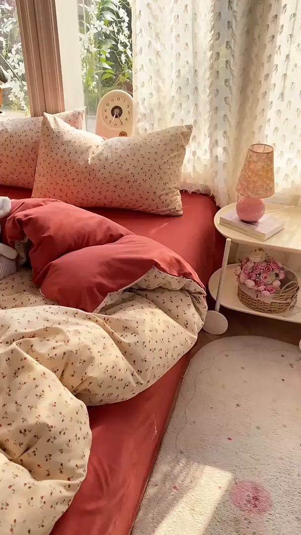 91家纺网 家纺一手货源 找家纺 豫见家纺 2026新款古法水洗仿棉云感纱四件套 樱川桃井