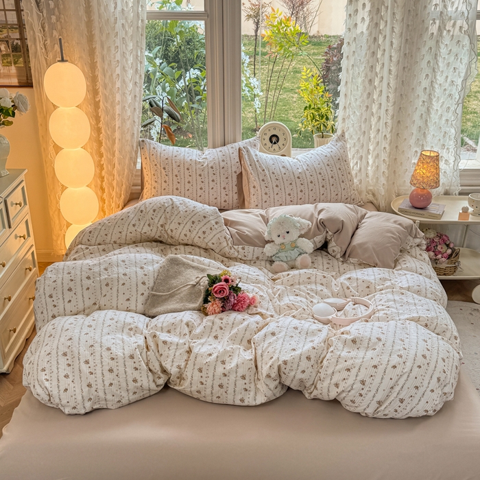 91家纺网 家纺一手货源 找家纺 豫见家纺 2026新款古法水洗仿棉云感纱四件套 知秋