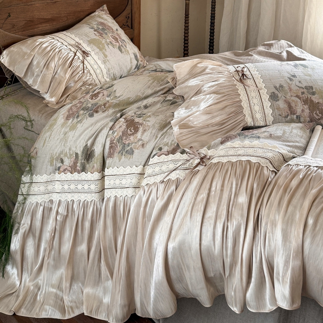 91家纺网 家纺一手货源 找家纺 （总）佳汐蓝家纺 2026新款复古棉麻印花法式花边四件套-花未眠（控价：卷后不低于398元）