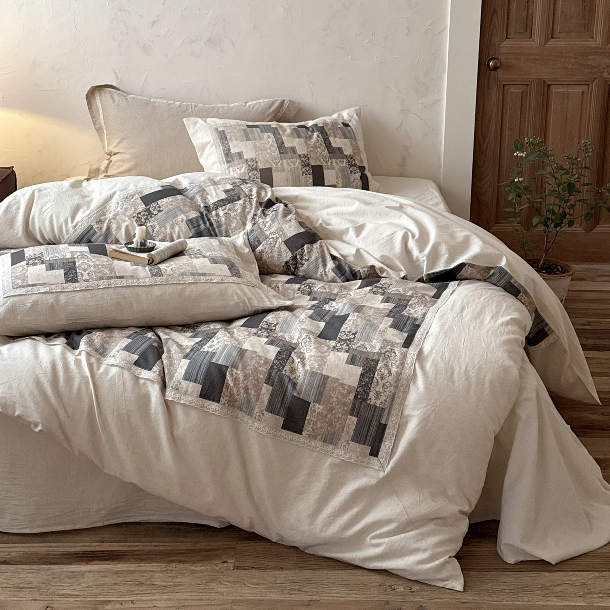 91家纺网 家纺一手货源 找家纺 （总）佳汐蓝家纺 2026新款复古棉麻印花韩式小花边四件套-知野（控价：卷后不低于398元）