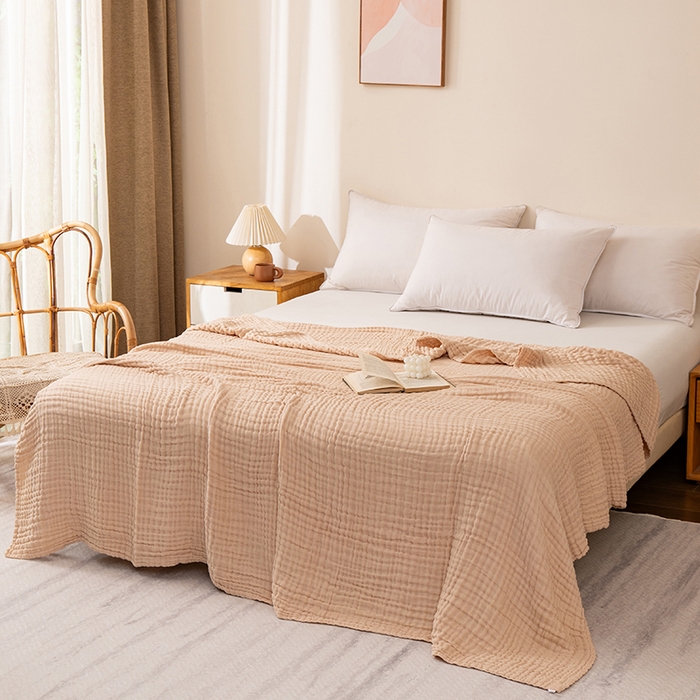 91家纺网 家纺一手货源 找家纺 萌飞 2026新款四层纱素色夏被被子被芯 毛巾被卡其