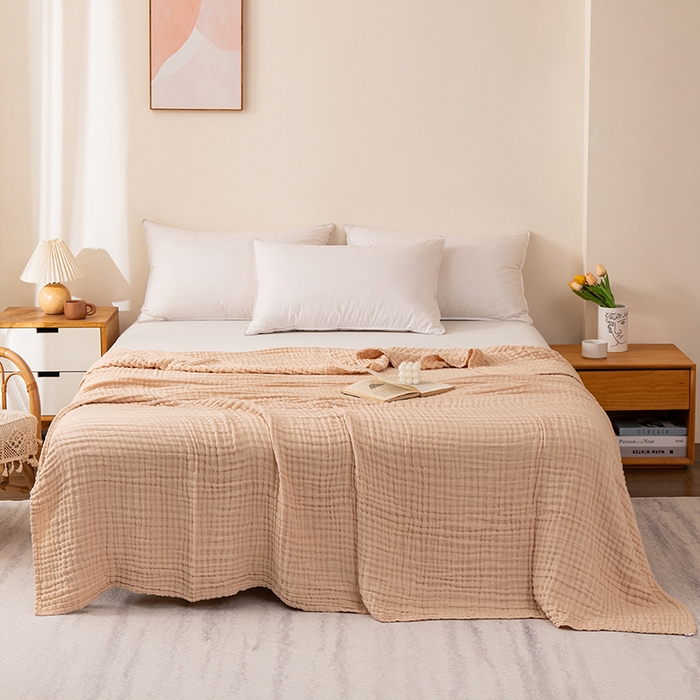 91家纺网 家纺一手货源 找家纺 萌飞 2026新款四层纱素色夏被被子被芯 毛巾被卡其