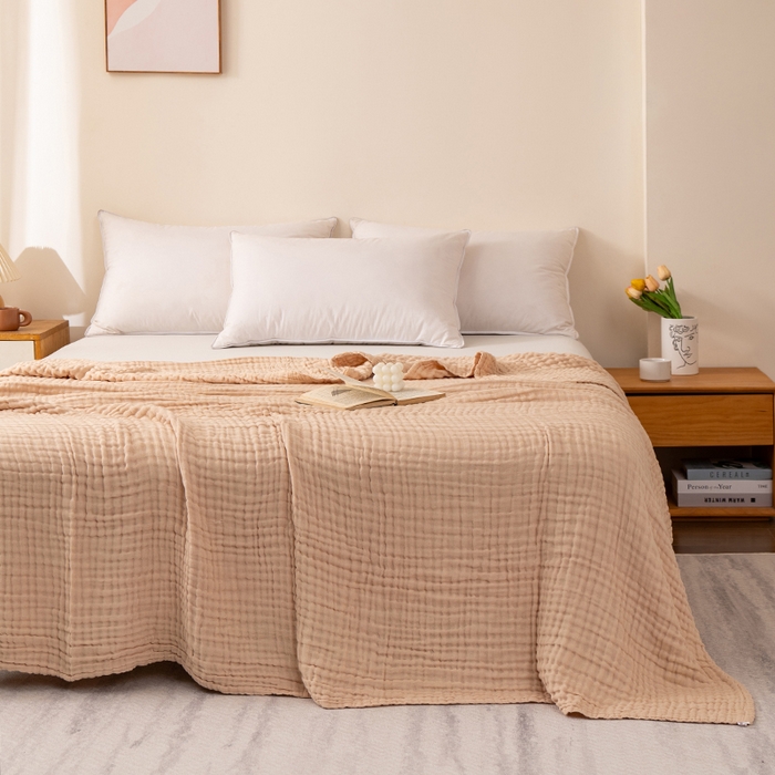 91家纺网 家纺一手货源 找家纺 萌飞 2026新款四层纱素色夏被被子被芯 毛巾被卡其