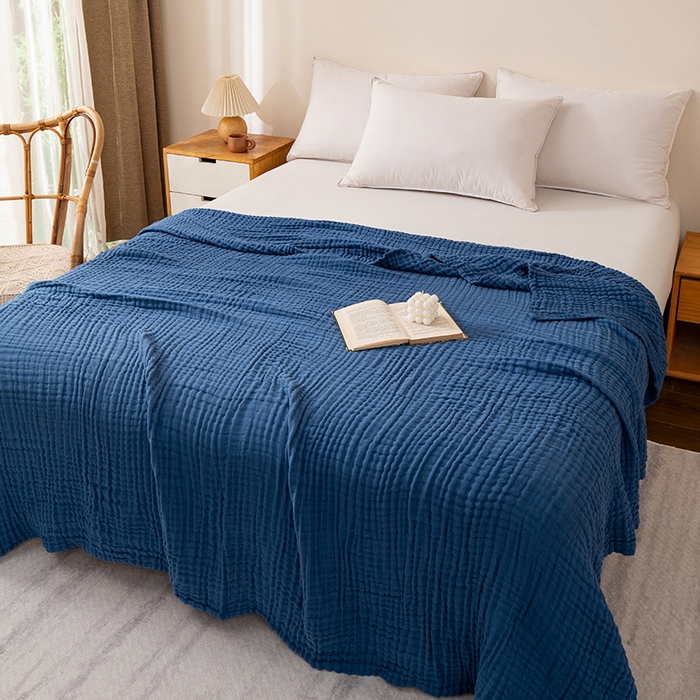 91家纺网 家纺一手货源 找家纺 萌飞 2026新款四层纱素色夏被被子被芯 毛巾被蓝色