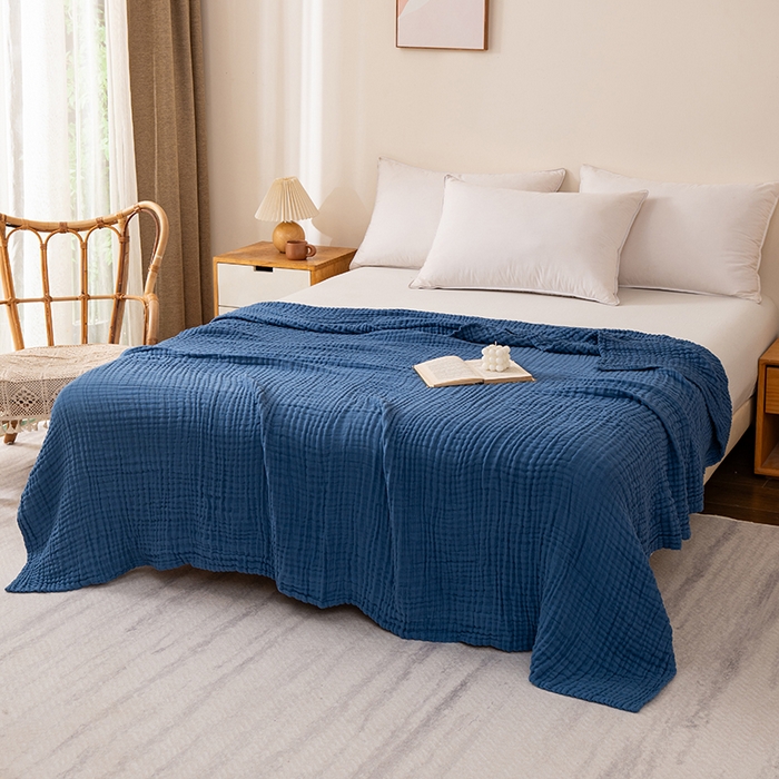 91家纺网 家纺一手货源 找家纺 萌飞 2026新款四层纱素色夏被被子被芯 毛巾被蓝色