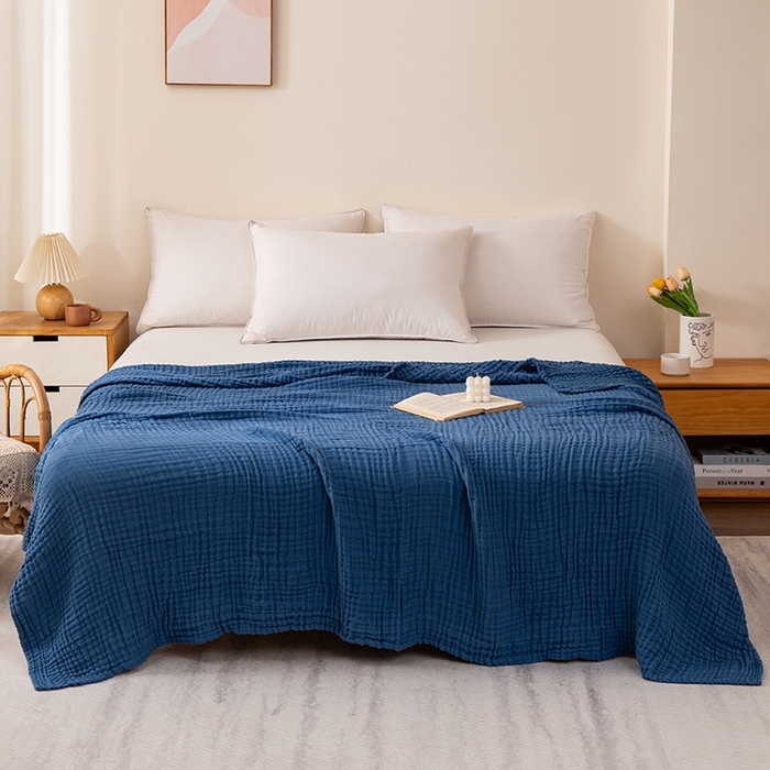 91家纺网 家纺一手货源 找家纺 萌飞 2026新款四层纱素色夏被被子被芯 毛巾被蓝色