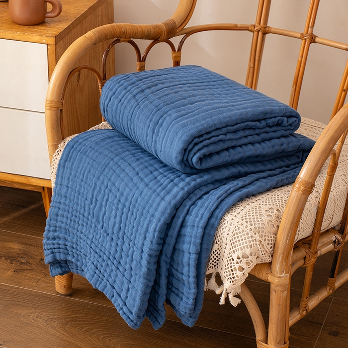 91家纺网 家纺一手货源 找家纺 萌飞 2026新款四层纱素色夏被被子被芯 毛巾被蓝色