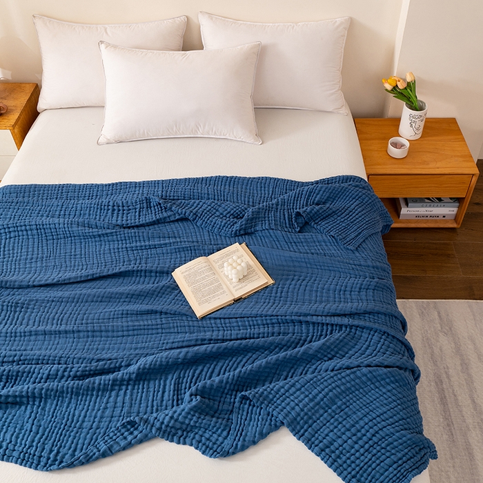 91家纺网 家纺一手货源 找家纺 萌飞 2026新款四层纱素色夏被被子被芯 毛巾被蓝色