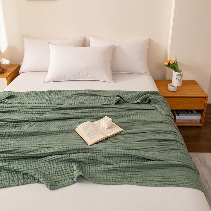 91家纺网 家纺一手货源 找家纺 萌飞 2026新款四层纱素色夏被被子被芯 毛巾被绿色