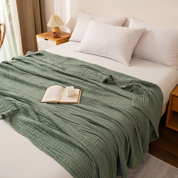 91家纺网 家纺一手货源 找家纺 萌飞 2026新款四层纱素色夏被被子被芯 毛巾被绿色